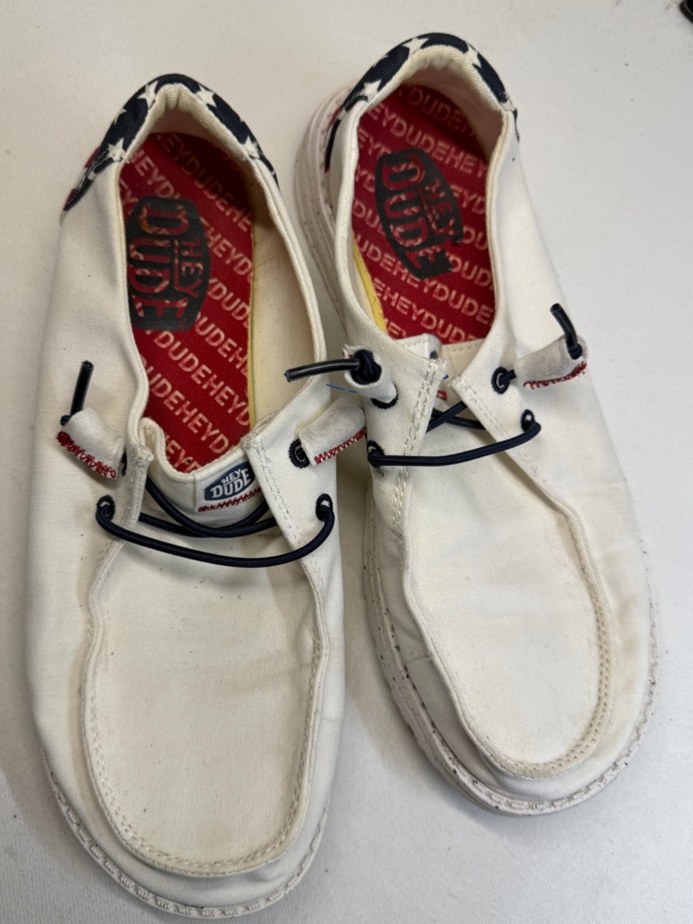 Hey Dude Men’s White Canvas Boat Shoes with Navy Accents